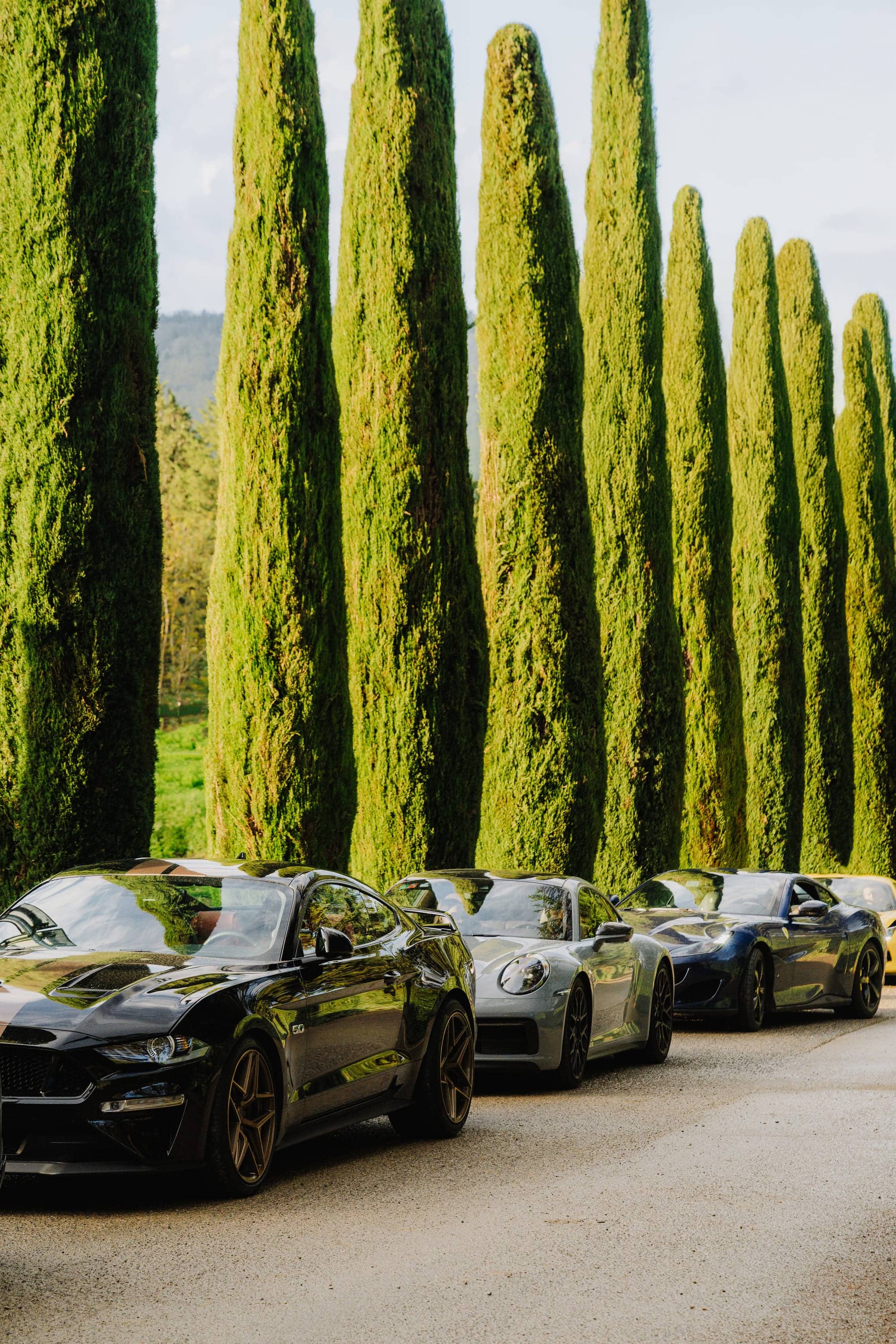 Auto sportive in fila tra i cipressi toscani — eventi Rocca d'Italia